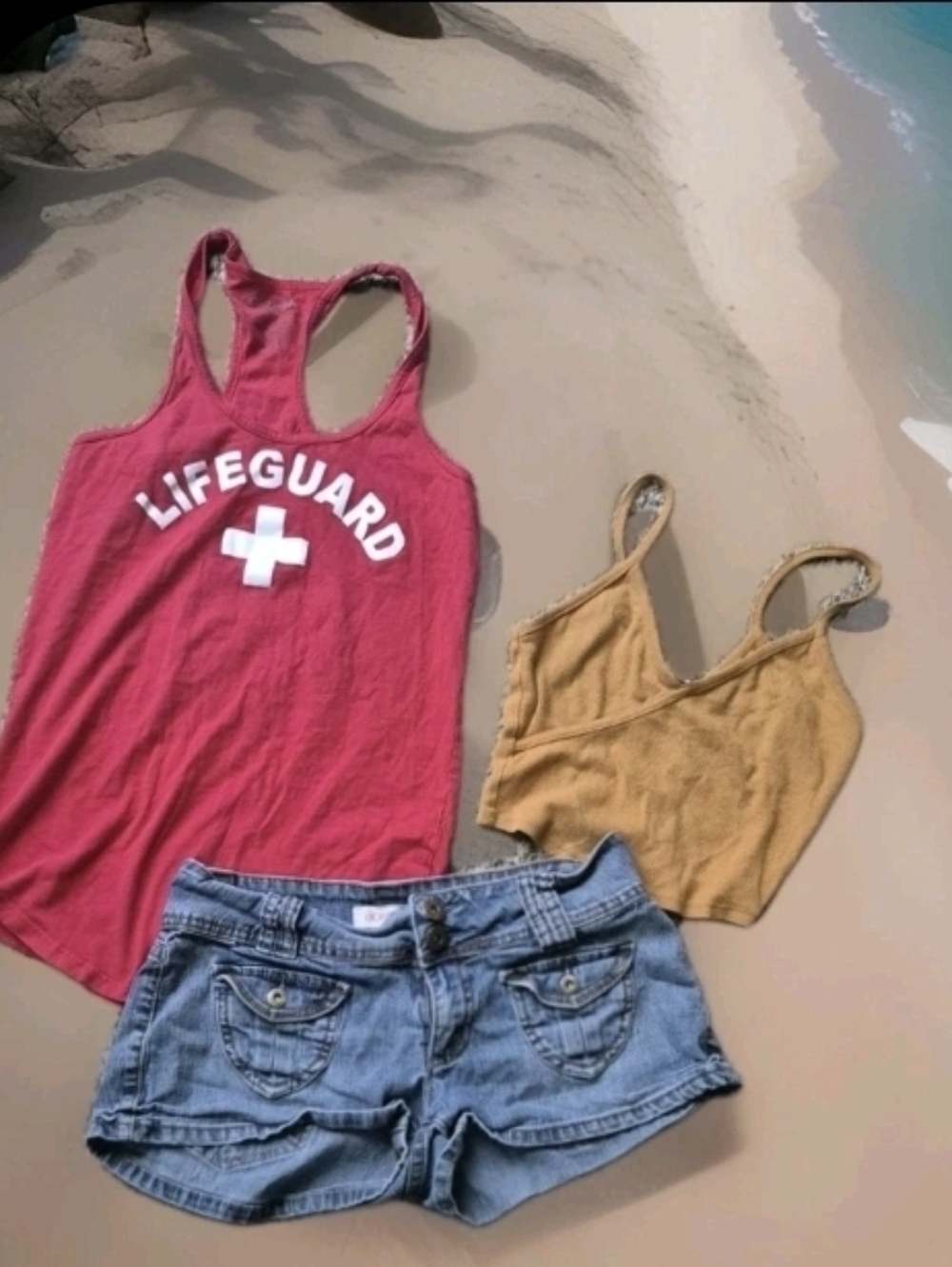 Bongo & G's Eagle Women's Denim Shorts 7, Red Lifeguard Tank, Size S, Summer Lot